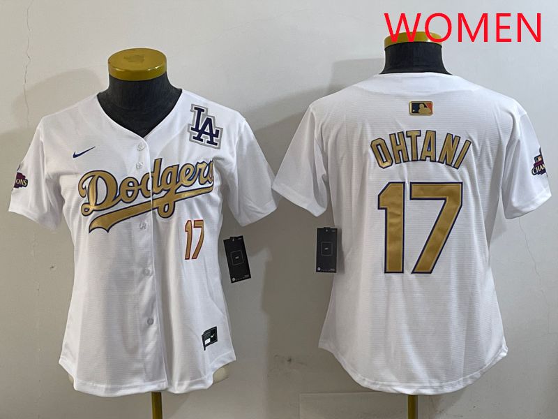 Women Los Angeles Dodgers #17 Ohtani White Champion gold character 2025 Nike MLB Jersey style 1